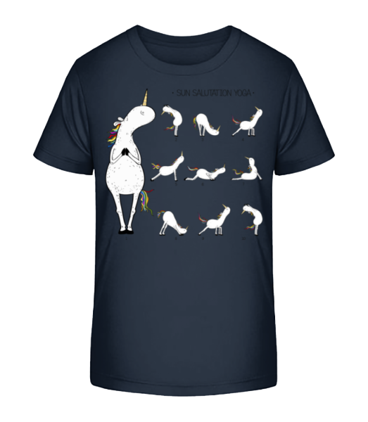 Yoga Einhorn Figuren Sonnengruß - Kinder Bio T-Shirt Stanley Stella - Marine - Vorne