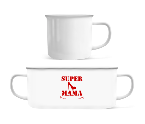 Super Mama - High Heel - Emaille-Tasse - Weiß - Vorne