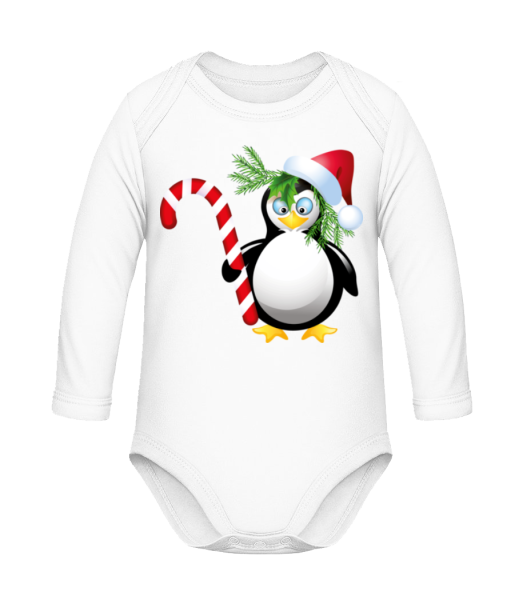 Santa Penguin - Baby Organic Longsleeve Romper - White - Front